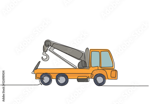 Single continuous line drawing the tow truck seen from the side is ready to help the driver whose car is damaged on the highway. Insurance facility. One line draw graphic design vector illustration.