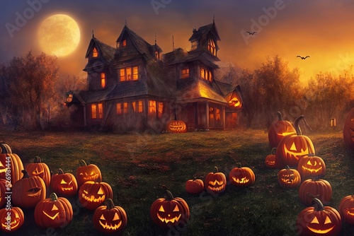 Halloween creepy spooky background, pumpkins, jack-o-lantern, 3d render, 3d illu Fototapet