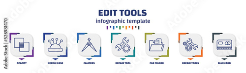 infographic template with icons and 7 options or steps. infographic for edit tools concept. included opacity, needle case, calipers, repair tool, file folder, repair tools, blue card icons.
