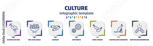infographic template with icons and 7 options or steps. infographic for culture concept. included australian emu, beef and garlic, chorizo, ajotomate, fried shrimp, australian kangaroo, australian