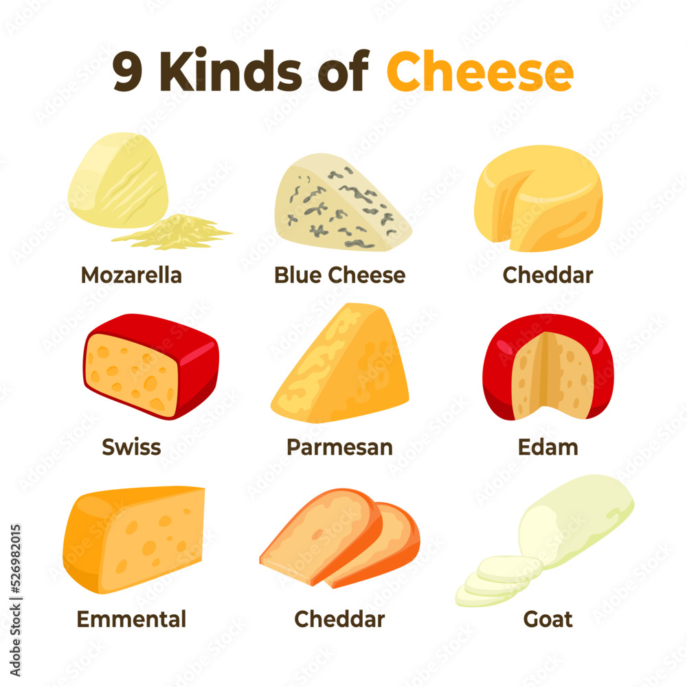 Different kinds of Cheese. Healthy food.  Lunch appetizer dessert, with edam, cheddar, blue cheese, swiss, mozarella, goat and emmental
