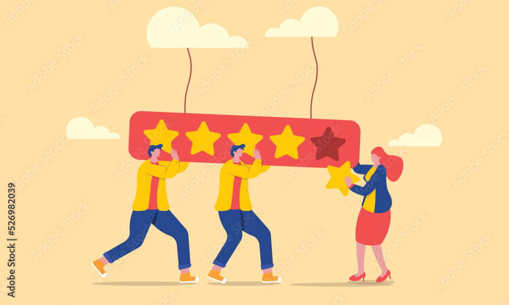 User experience, customer feedback stars rating or business and investment rating concept, team work keeps the star in their place to added 5 stars rating. User experience, customer feedback stars rating or business and investment rating concept, team work keeps the star in their place to added 5 stars rating.