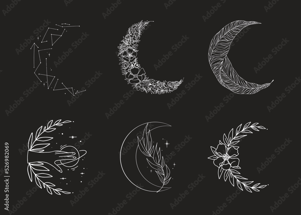 Obraz premium Set of linear simple graphic illustrations of the Moon Drawings of stars for clothes, etc.