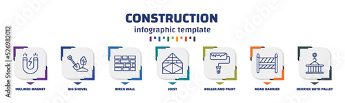 infographic template with icons and 7 options or steps. infographic for construction concept. included inclined magnet, big shovel, birck wall, joist, roller and paint, road barrier, derrick with