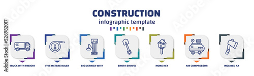 infographic template with icons and 7 options or steps. infographic for construction concept. included truck with freight, five meters ruler, big derrick with boxes, short shovel, home key, air