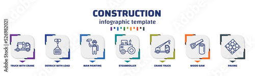 infographic template with icons and 7 options or steps. infographic for construction concept. included truck with crane, derrick with load, man painting, steamroller, crane truck, wood saw, paving