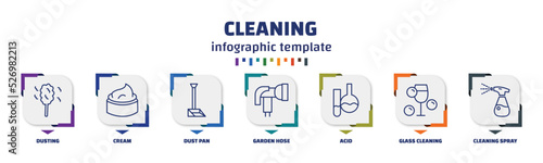 infographic template with icons and 7 options or steps. infographic for cleaning concept. included dusting, cream, dust pan, garden hose, acid, glass cleaning, cleaning spray icons.