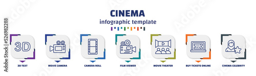 infographic template with icons and 7 options or steps. infographic for cinema concept. included 3d text, movie camera, camera roll, film viewer, movie theater, buy tickets online, cinema celebrity