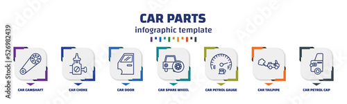infographic template with icons and 7 options or steps. infographic for car parts concept. included car camshaft, car choke, door, spare wheel, petrol gauge, tailpipe, petrol cap icons.