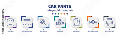 infographic template with icons and 7 options or steps. infographic for car parts concept. included car hood, car torsion bar, crank, engine, bonnet, dashboard, demister icons.