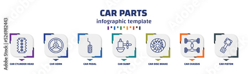 infographic template with icons and 7 options or steps. infographic for car parts concept. included car cylinder head, car horn, pedal, sump, disc brake, chassis, piston icons.