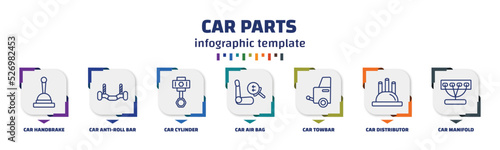 infographic template with icons and 7 options or steps. infographic for car parts concept. included car handbrake, car anti-roll bar, cylinder, air bag, towbar, distributor cap, manifold icons.