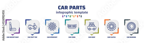 infographic template with icons and 7 options or steps. infographic for car parts concept. included car bucket seat, car soft top, sprocket, cowl, roof, clutch, bearing icons.