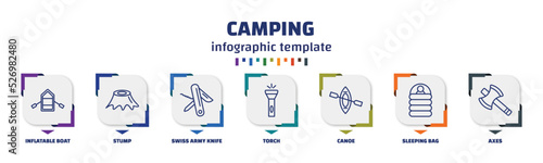 infographic template with icons and 7 options or steps. infographic for camping concept. included inflatable boat, stump, swiss army knife, torch, canoe, sleeping bag, axes icons.