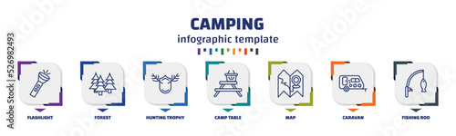 infographic template with icons and 7 options or steps. infographic for camping concept. included flashlight, forest, hunting trophy, camp table, map, caravan, fishing rod icons.