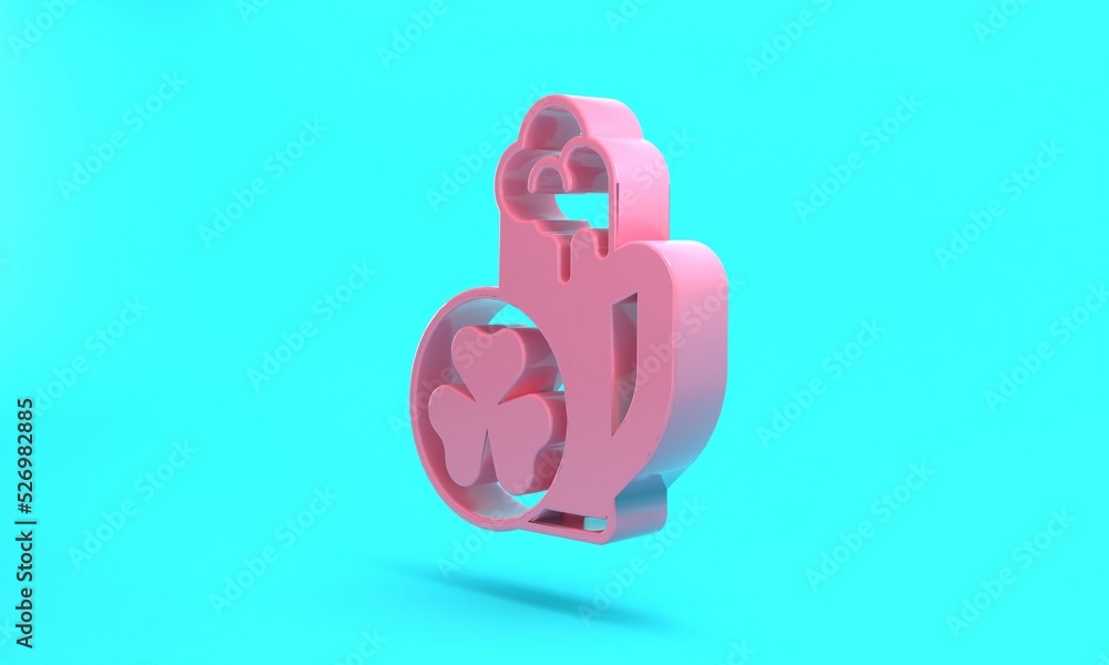 Pink Glass of beer icon isolated on turquoise blue background. Happy Saint Patricks day. National Irish holiday. Minimalism concept. 3D render illustration Pink Glass of beer icon isolated on turquoise blue background. Happy Saint Patricks day. National Irish holiday. Minimalism concept. 3D render illustration