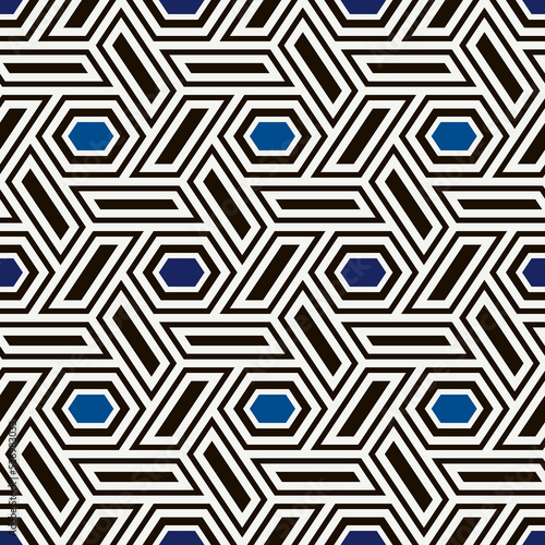 Hexagonal seamless pattern. Mosaic tiles. Geometrical wallpaper. Honeycomb print. Ethnic ornament illustration. Wicker background. Flooring image. Digital paper. Geometric backdrop. Ethnical vector