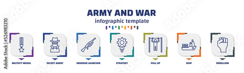 infographic template with icons and 7 options or steps. infographic for army and war concept. included militaty medal, secret agent, grenade launcher, strategy, pull up, ship, rebellion icons.