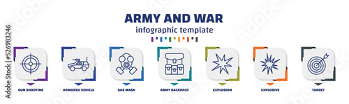 infographic template with icons and 7 options or steps. infographic for army and war concept. included gun shooting, armored vehicle, gas mask, army backpack, explosion, explosive, target icons.