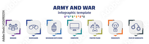 infographic template with icons and 7 options or steps. infographic for army and war concept. included brigade, binoculars, whizbang with rong, computer, fighter plane, parachute, pair of handcuffs