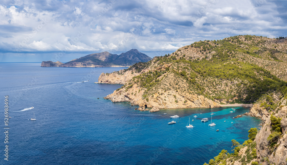 pleasure boats anchored in Cala d´Egos, Andratx coast, Majorca, Balearic Islands, Spain pleasure boats anchored in Cala d´Egos, Andratx coast, Majorca, Balearic Islands, Spain