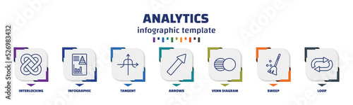 infographic template with icons and 7 options or steps. infographic for analytics concept. included interlocking, infographic, tangent, arrows, venn diagram, sweep, loop icons.