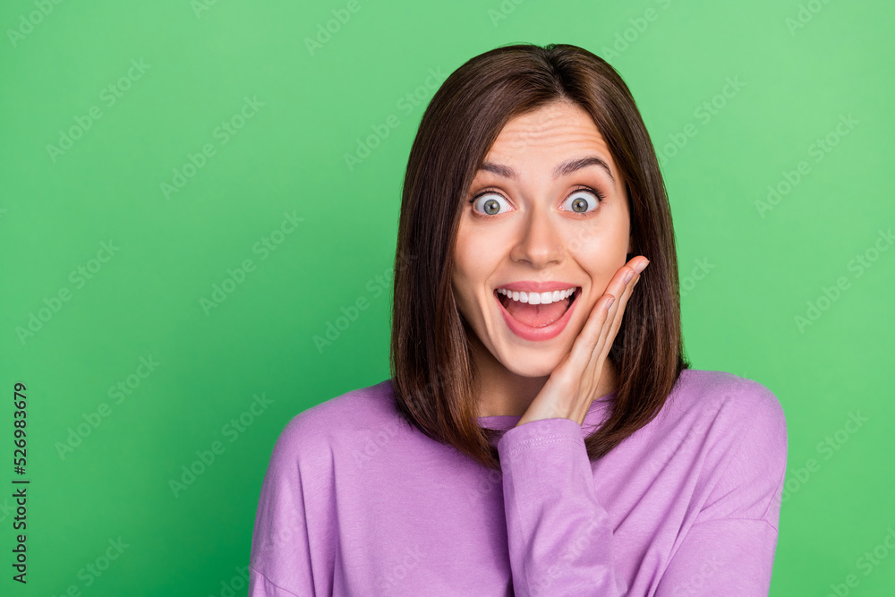 Fototapeta premium Closeup photo of young impressed nice lady arm palm touch cheek open mouth isolated on green color background