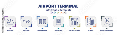 infographic template with icons and 7 options or steps. infographic for airport terminal concept. included sunny day, old plane, picking luggage, airport atm, clutery for lunch, lifeboat, airport photo