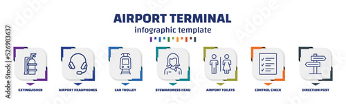 infographic template with icons and 7 options or steps. infographic for airport terminal concept. included extinguisher, airport headphones, car trolley, stewardress head, airport toilets, control