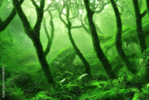 beautiful lush green jungle rainforest background, 3d render, 3d illustration