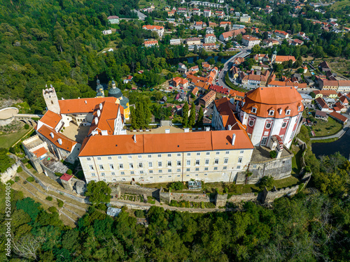Czechia. Vranov nad Dyji Aerial View. Baroque castle and city in Moravian region in Czech Republic. Dyje river. Vranov nad Dyjí Chateau. Czechia.