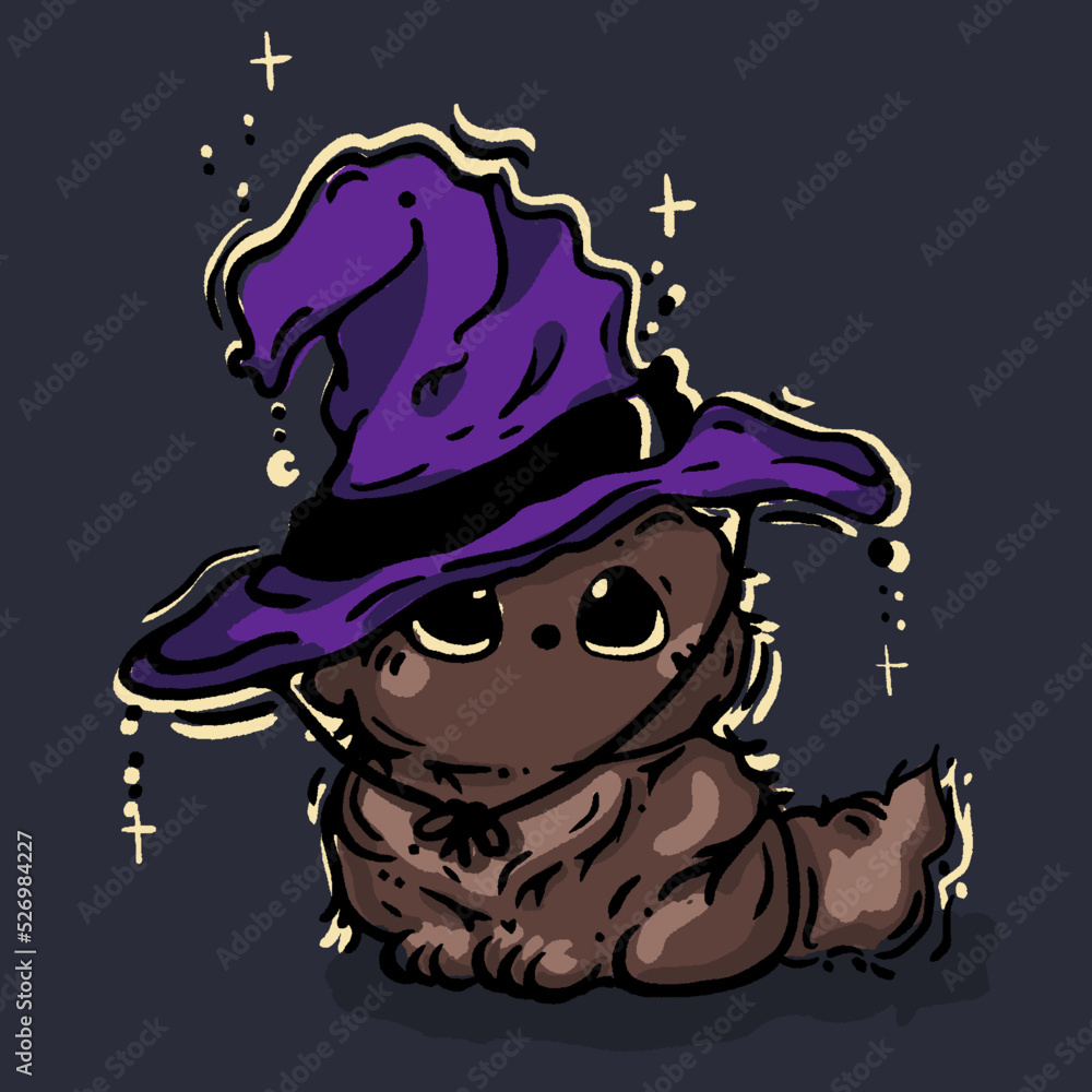 Witch's Cat. A Halloween cat in a witch hat sits at night. Vector illustration. Halloween cat vector concept design. Kawaii style
