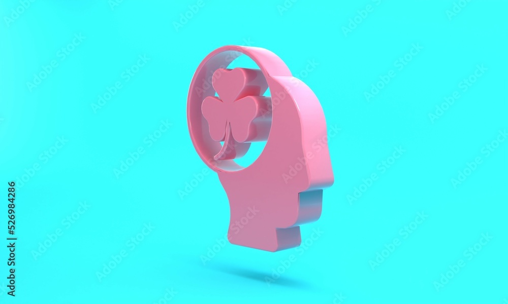 Pink Human head with clover trefoil leaf icon isolated on turquoise blue background. Happy Saint Patricks day. National Irish holiday. Minimalism concept. 3D render illustration Pink Human head with clover trefoil leaf icon isolated on turquoise blue background. Happy Saint Patricks day. National Irish holiday. Minimalism concept. 3D render illustration