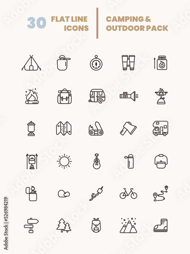 30 camping activities line icon vector image. For Mobile and Web. Contains such icons as Tent, Forest, Compass, Axe, Binoculars, Campfire, Trekking, Knot, Camper, Trip, Vacation, Backpack, Map etc