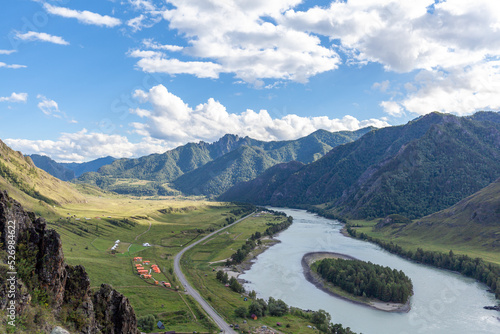 Fototapeta Colorful view of the mountains and the Katun River, with an island in the Altai Mountains, Siberia, Russia