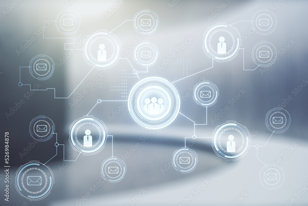 Abstract virtual social network concept on empty corporate office background. Multiexposure Abstract virtual social network concept on empty corporate office background. Multiexposure