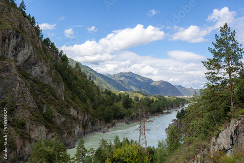 A fast-flowing wide and full-flowing mountain river. Large rocks stick out of the water. Big mountain river Katun  turquoise color  in the Altai Mountains  Altai Republic.