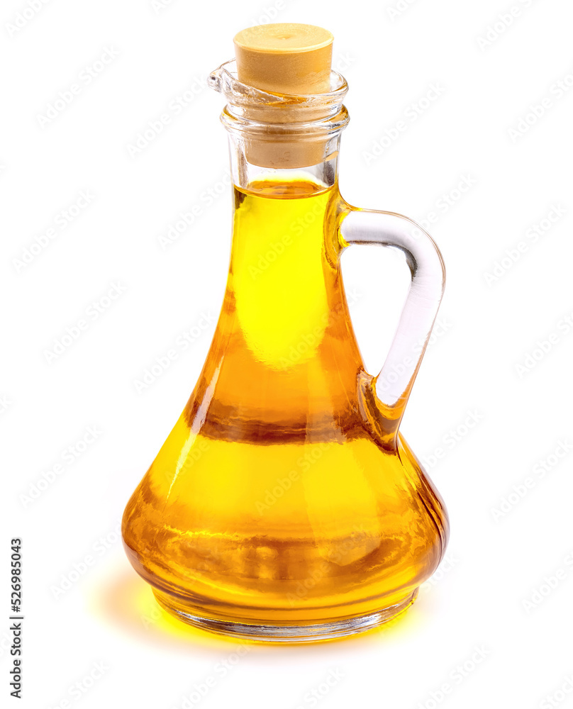 Sunflower, linseed, mustard, hemp or rapeseed oil in glass jug isolated on white background. Fresh yellow vegetable oil in glass jug. Sunflower, linseed, mustard, hemp or rapeseed oil in glass jug isolated on white background. Fresh yellow vegetable oil in glass jug.