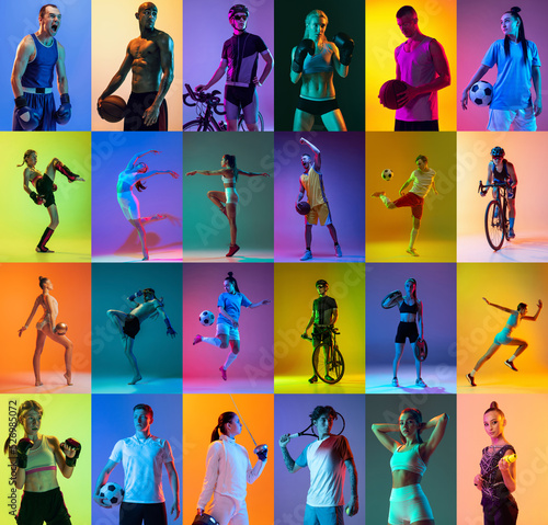 Fototapeta Naklejka Na Ścianę i Meble -  Poster, banner with professional sportsmen in sports uniform over multicolored background in neon filter. Concept of sport games, competition, achievements