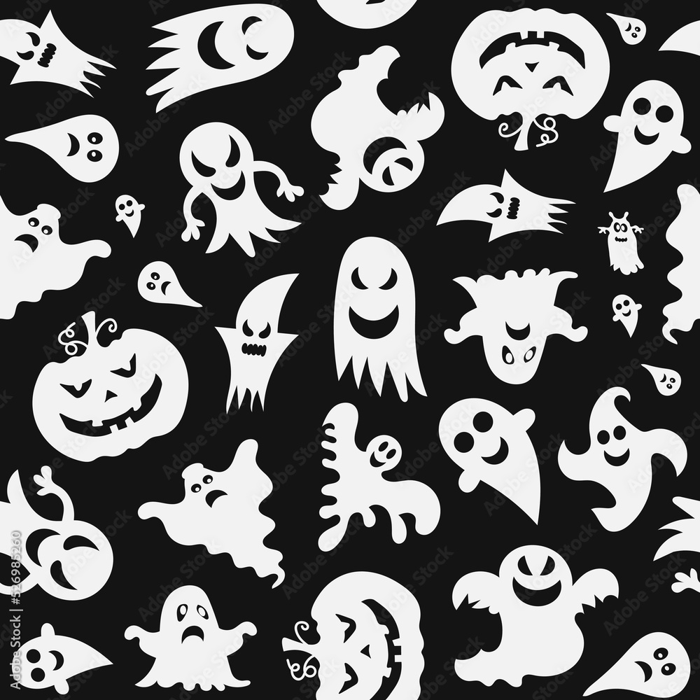 Seamless vector pattern for Halloween design. Halloween symbols: ghost, pumpkin in cartoon style. Vector Illustration Seamless vector pattern for Halloween design. Halloween symbols: ghost, pumpkin in cartoon style. Vector Illustration