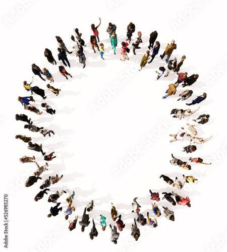 Concept or conceptual large community of people forming the font O. 3d illustration metaphor for unity and diversity, humanitarian, teamwork, cooperation, education, friendship and community