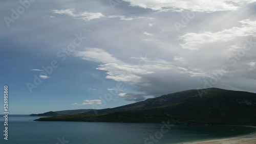 Vertical 4K. Sea and mountains flying on the Orange Valley. High quality FullHD footage
