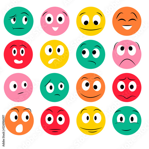 Multicolored faces expression isolated vector icons, funny cartoon emoticons happy and crazy, angry, laughing and sad. Emotions on the face upset, happy and sad, dissatisfied. Stickers