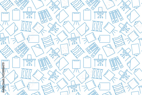 seamless pattern with office equipment icons: documents storage, desk with chair, whiteboard, file folder, binder - vector illustration