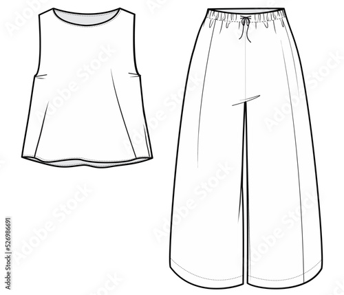 womens sleeveless top and flared pant fashion flat sketch vector illustration. cad mockup. 