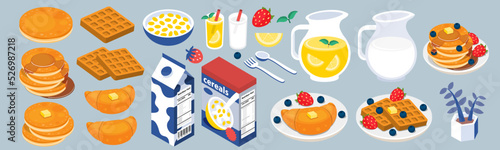 illustration vector of breakfast plate drink and food flat 3d isometric isolated on background
