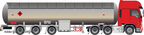 Cartoon flat cargo transport, long tank trailer  truck carrying oil, gas. Cargo delivery technology, fuel transportation icon isolated on white