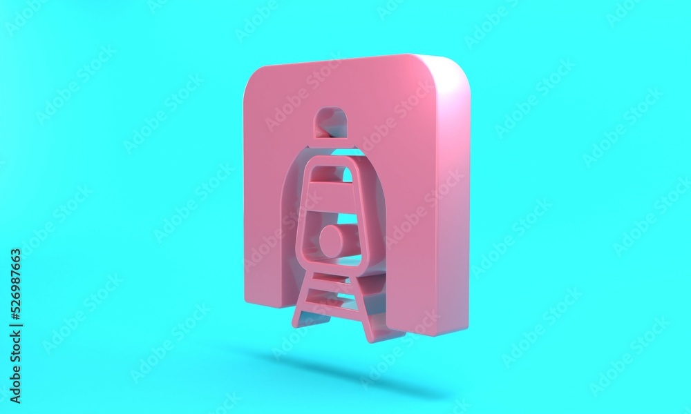Pink Train in railway tunnel icon isolated on turquoise blue background. Railroad tunnel. Minimalism concept. 3D render illustration Pink Train in railway tunnel icon isolated on turquoise blue background. Railroad tunnel. Minimalism concept. 3D render illustration