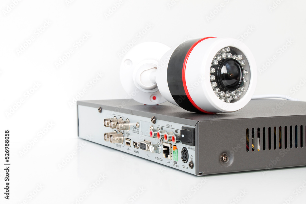 Obraz premium video surveillance cameras and video receiver on isolated white background. The concept of services for the installation of CCTV.