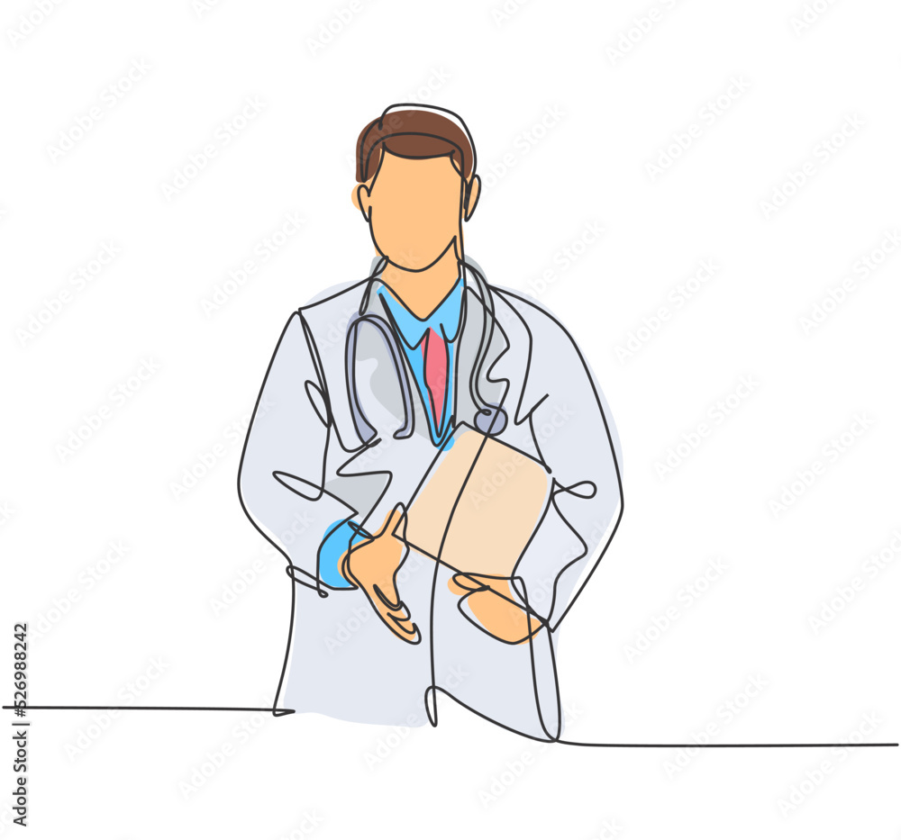 Continuous line drawing of doctor welcoming the patient with handshake gesture. Greeting in hospital and healthcare center concept. One line drawing vector illustration Continuous line drawing of doctor welcoming the patient with handshake gesture. Greeting in hospital and healthcare center concept. One line drawing vector illustration